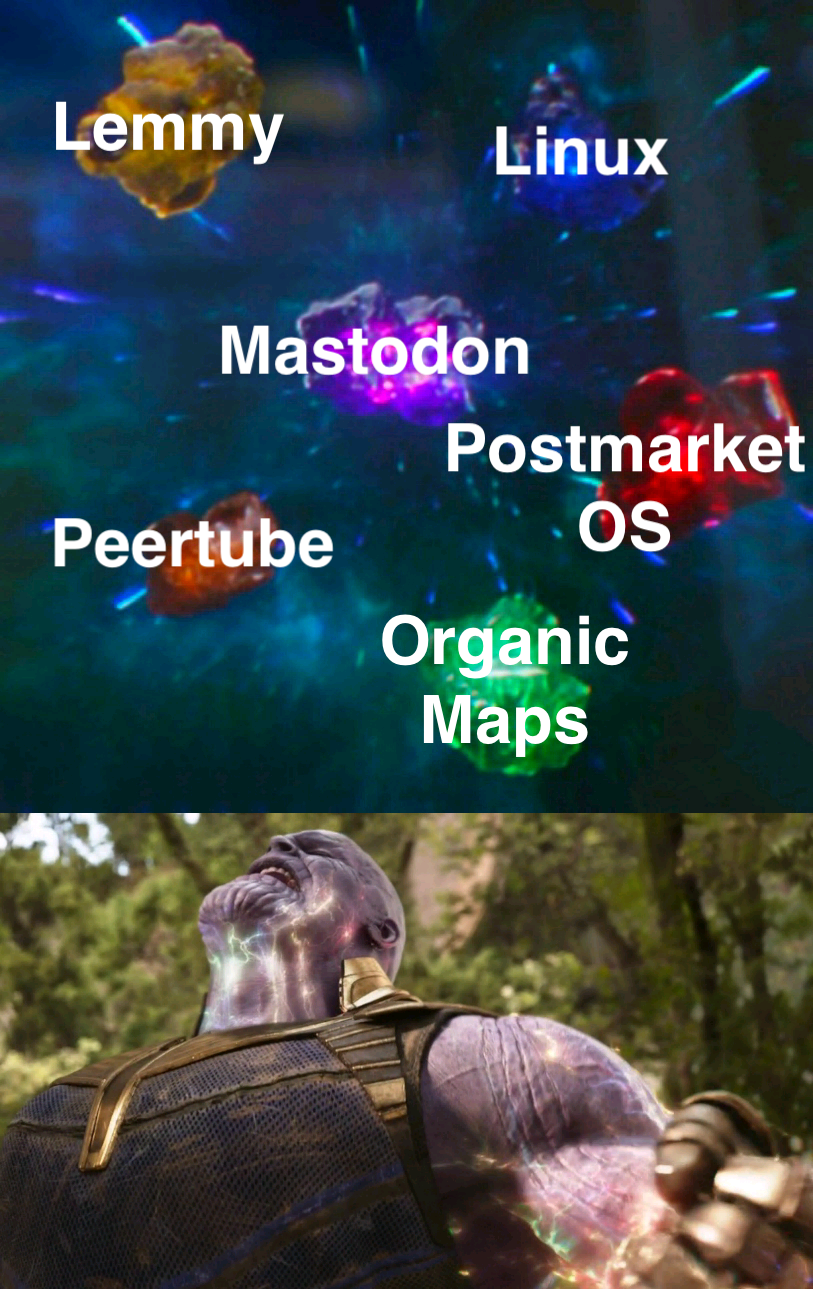 6 gems with each having their own caption that says "Lemmy" "Linux" "Peertube" "Mastodon" "Postmarket OS" "Organic Maps" Then it shows Thanos being empowered by them